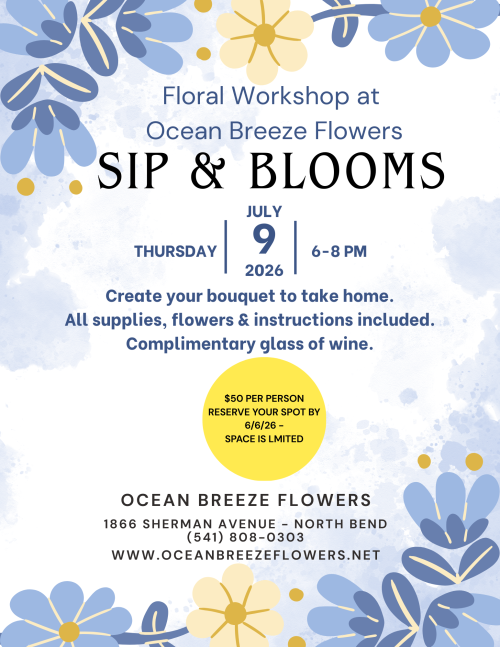 Floral workshop poster for Ocean Breeze Flowers: SIP & BLOOMS, July 9, 2026, 6–8 PM; reserve your spot.