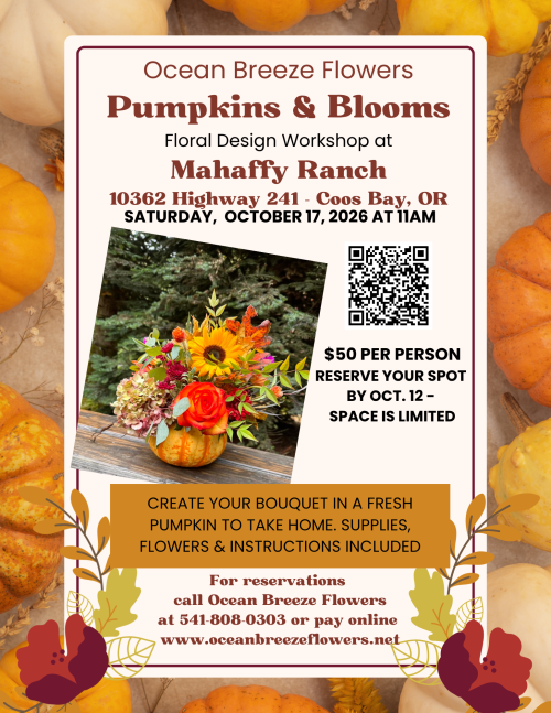 Event flyer for a 'Pumpkins & Blooms' floral design workshop by Ocean Breeze Flowers at Mahaffy Ranch, with date, location, and QR code.