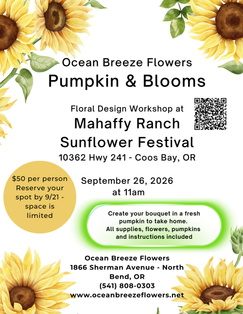 Event poster for Ocean Breeze Flowers Pumpkin & Blooms: Floral design workshop at Mahafy Ranch Sunflower Festival with date, location, price, RSVP and QR code details.