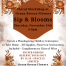 Poster advertising Floral Workshop at Ocean Breeze Flowers with 'Sip & Blooms' on a brown hexagon, surrounded by autumn floral border.